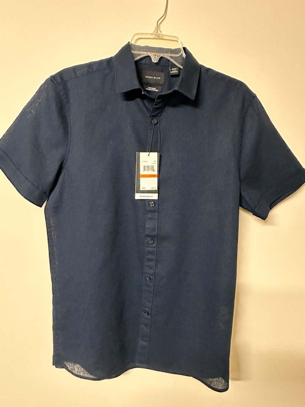 Perry Ellis Men's Short Sleeve Linen Blend Standard Fit Button Down Shirt Navy